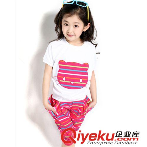 夏裝 2015夏款女童套裝新款兒童中大童韓版卡通貓條紋短袖套裝兩件套