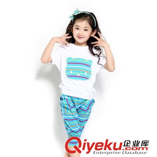 夏裝 2015夏款女童套裝新款兒童中大童韓版卡通貓條紋短袖套裝兩件套