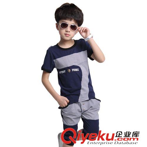 夏裝 童裝2015新款夏裝中大童短袖T恤套裝男童7字經典套裝無憂一件代發