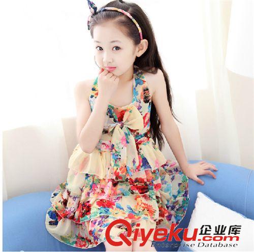 夏款 2015新款韓版品質童裝熱銷夏季女童假兩件圓領碎花牛仔高腰連衣裙