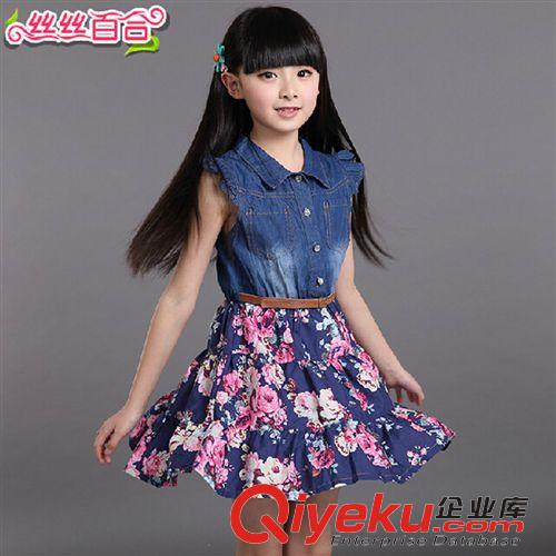 夏款 2015新款韓版品質童裝熱銷夏季女童假兩件圓領碎花牛仔高腰連衣裙