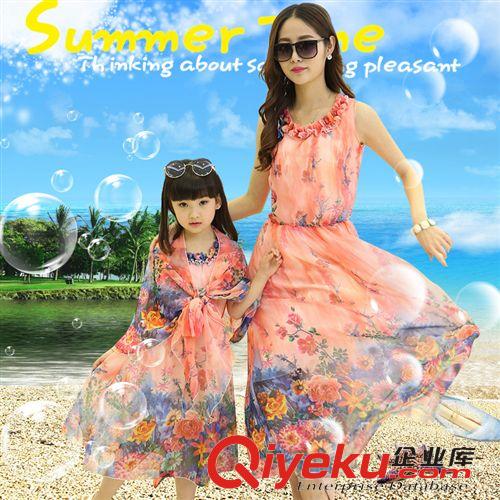 夏款 波西米亞連衣裙 雪紡長裙母女夏款童裝 碎花女童連衣裙 一件代發原始圖片2