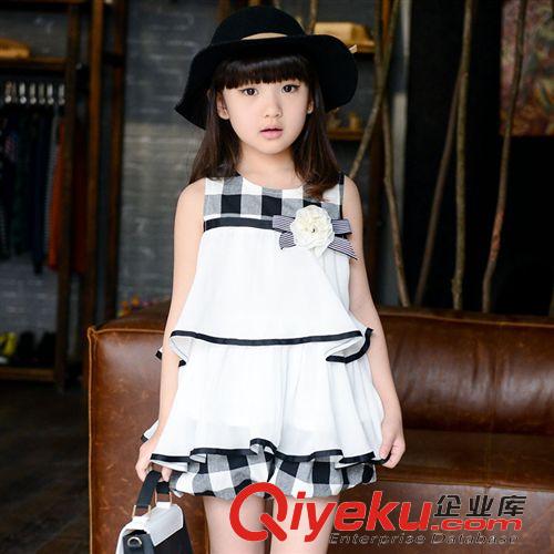 夏款5.4號 童裝女童夏季套裝 2015新款兒童夏裝女孩子雪紡韓版潮格子短褲原始圖片2