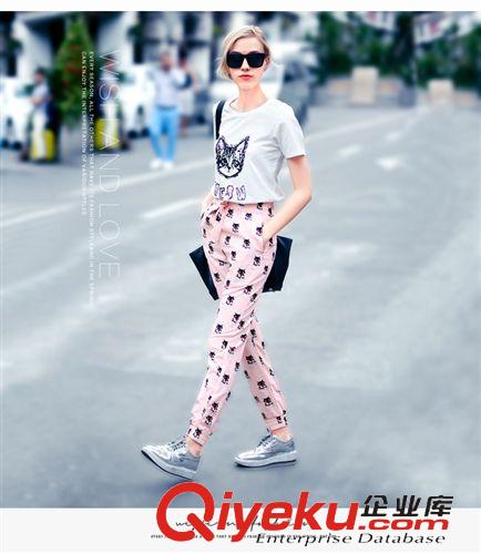 熱銷(xiāo)新款 2015夏新款女貓咪短袖T恤狐貍松緊收腰哈倫褲套裝 超值兩件套