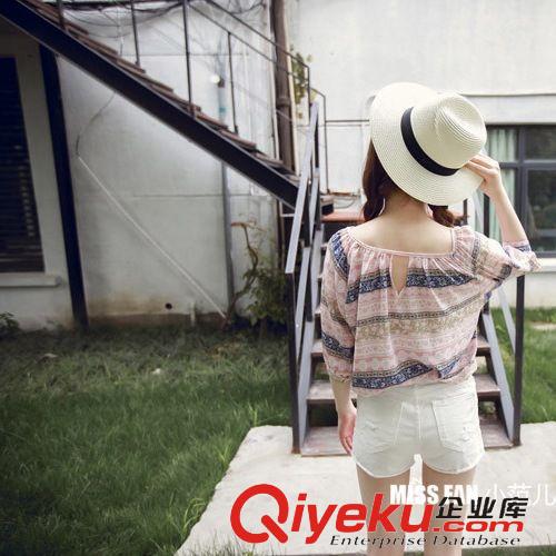 6月1號新款 夏裝新款女裝民族風(fēng)印花大圓領(lǐng)女式七分袖雪紡衫短款上衣原始圖片3