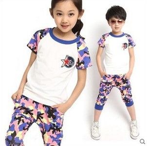童套裝 一件代發2015夏款男童短袖兒童套裝大童男女裝迷彩服小孩衣服