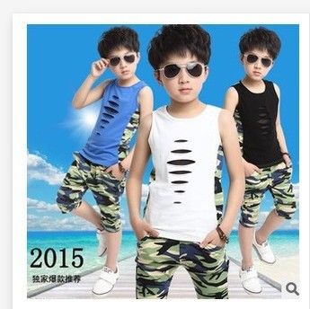 童套裝 童套裝2015夏季新款 韓版純棉中大童背心迷彩兒童運動兩件套代發