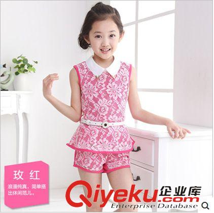女童專區(qū) 童裝2015夏季新款 韓版中大女童翻領(lǐng)蕾絲無袖+短褲套裝 女童套裝原始圖片3