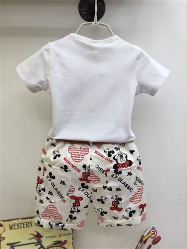 2015年夏款 童套裝2015夏季新款韓版男童紅色小自行車T恤配米奇牛仔短褲套裝原始圖片2