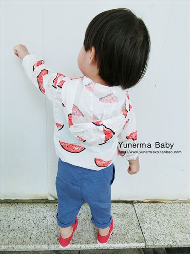 2015夏裝第二波 「比伊潮童」男女寶寶小童防曬衣 寶寶西瓜薄款連帽防曬服空調(diào)衫