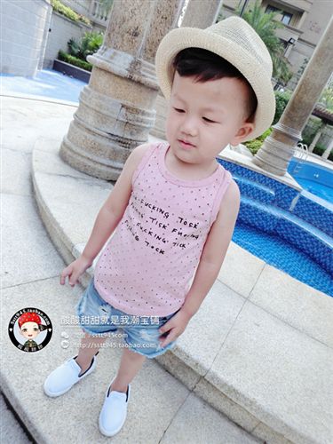 2015夏裝第三波 2015童裝男童夏季無袖T恤韓版兒童中小童做舊小洞超個(gè)性字母背心原始圖片3