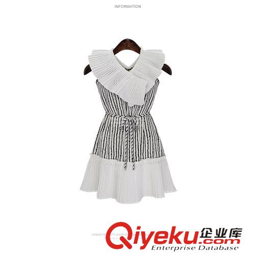 店鋪新品 歐美女裝2015夏季新款雪紡百褶荷葉邊條紋修身連衣裙女批發(fā)5562
