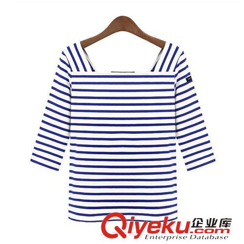 歐美上裝 歐美女裝2015歐洲站春夏新款時尚百搭藍白條紋女式修身T恤2007原始圖片3