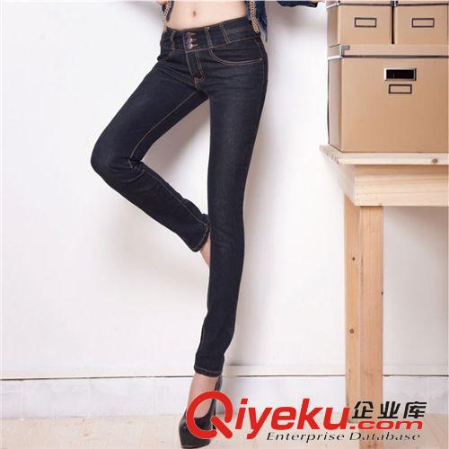 牛仔褲/鉛筆褲 實(shí)拍新款韓版三排扣中腰彈力牛仔褲女顯瘦修身鉛筆小腳褲原始圖片3