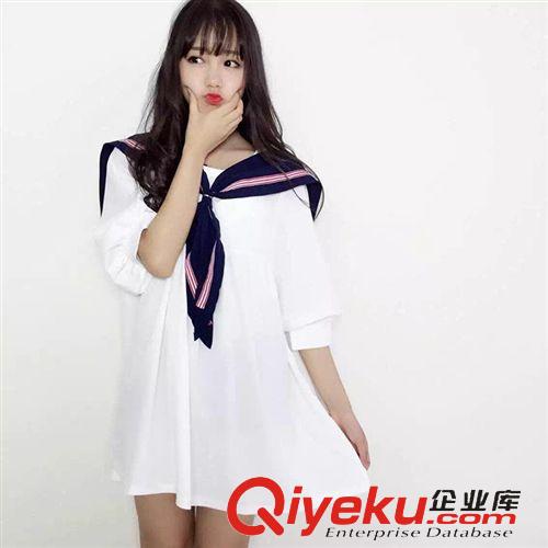 5月新款 B-4 6202韓國(guó)代購(gòu)實(shí)拍曹若涵 女士海軍風(fēng)甜美燈籠袖大碼連衣裙原始圖片2