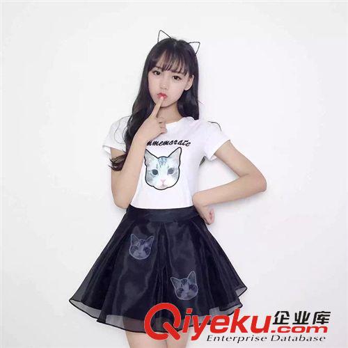 5月新款 D-3 2099 韓國(guó)東大門(mén)代購(gòu)實(shí)拍 貼布貓咪T恤+歐根紗半身裙套裝原始圖片2