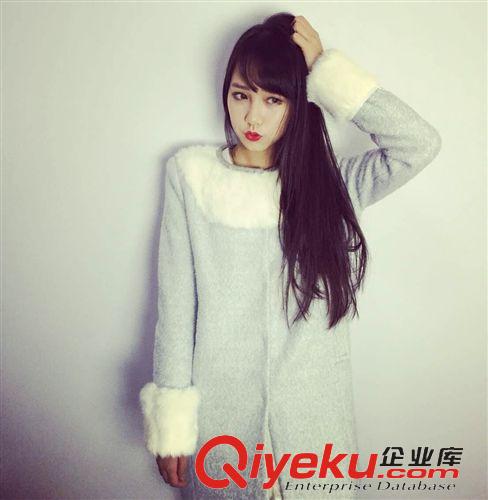 12月新款 00200 韓國東大門曹若涵實拍 韓版圓領拼接兔毛加棉呢大衣 外套原始圖片3
