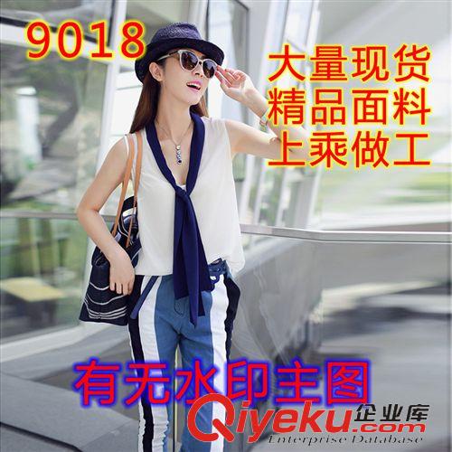 6月一批 歐洲站夏季女裝 明星同款無袖襯衫+牛仔拼接哈倫褲小腳褲套裝批發原始圖片2