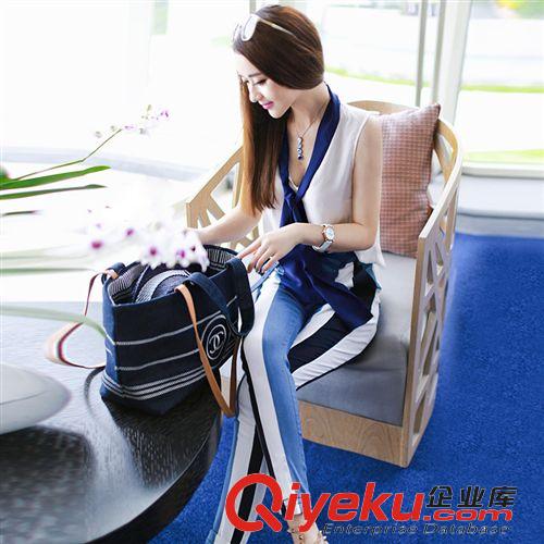 6月一批 歐洲站夏季女裝 明星同款無袖襯衫+牛仔拼接哈倫褲小腳褲套裝批發原始圖片3