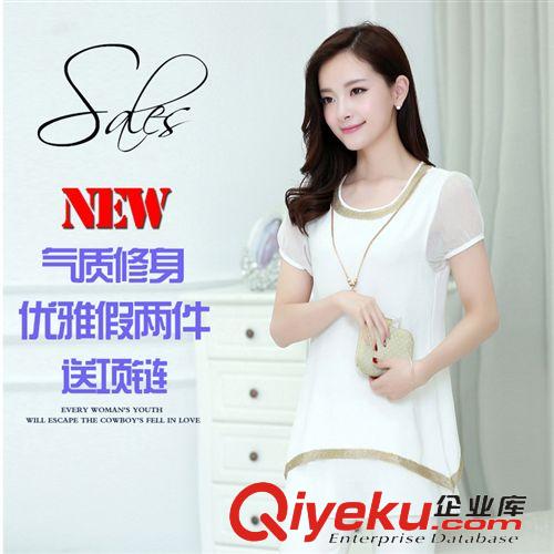 未分類2 短袖雪紡衫圓領(lǐng)女2015夏季氣質(zhì)中長(zhǎng)款假兩件套泡泡袖顯瘦大碼上衣原始圖片2