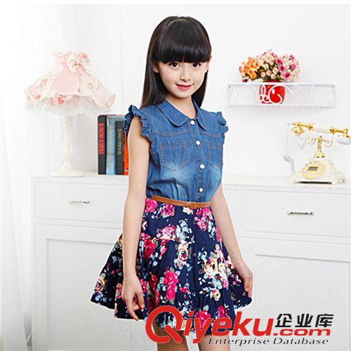 2015＜夏＞季爆款 2015童裝夏裝新款裙子 女童小飛袖牛仔拼接連衣裙 韓版童裙代發(fā)原始圖片3