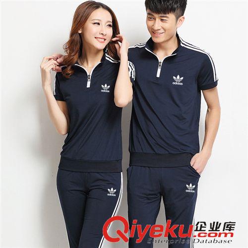 短袖套裝 廠家直銷情侶運(yùn)動(dòng)套裝短袖長(zhǎng)褲男女立領(lǐng)純棉休閑撞色T恤上衣套裝原始圖片2
