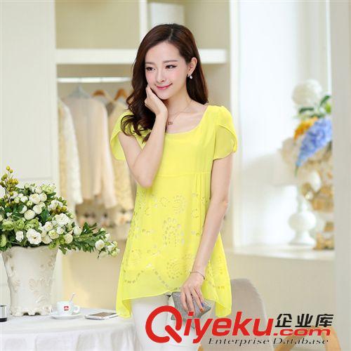 大碼女裝 【火拼】歐洲站夏裝新款中長款大碼不規(guī)則短袖雪紡衫 4色7碼原始圖片3
