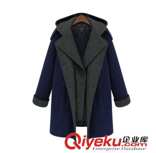 毛呢 呢子 大衣 2014秋冬新品時(shí)尚女裝 歐美拼接加大碼毛呢外套 中長款呢子大衣原始圖片2