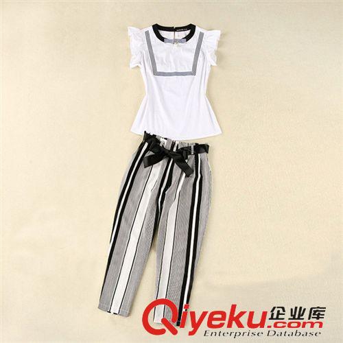 套裝 2015夏季新款短袖圓領(lǐng)時(shí)尚氣質(zhì)娃娃衫上衣條紋哈倫褲休閑套裝女原始圖片2