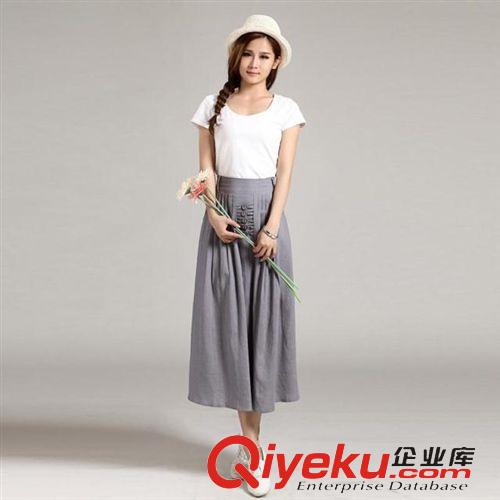 女式下裝 2015夏季新款女裝半身裙森女系小清新純色棉麻大擺長裙原始圖片2