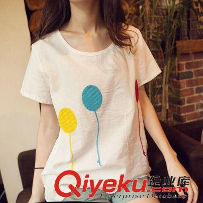 森女棉麻系 2015夏季新款小清新學院風刺繡大碼圓領短袖棉麻T恤女潮