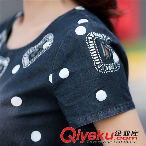 店長推薦 2015夏裝新款女裝韓版波點(diǎn)燙鉆收腰修身短袖牛仔連衣裙