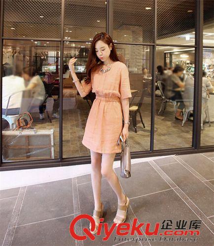 熱銷 2015夏裝新款韓版圓領短袖大碼修身收腰麻料連衣裙