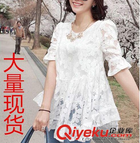 熱銷 新款夏韓國代購蕾絲衫女款中長款上衣鏤空大花雙層雪紡