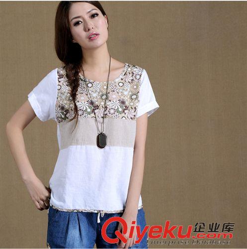 2015新款棉麻產(chǎn)品 2015新款森女短袖女顯瘦拼接條紋棉麻女土不規(guī)則下擺t恤女裝原始圖片3