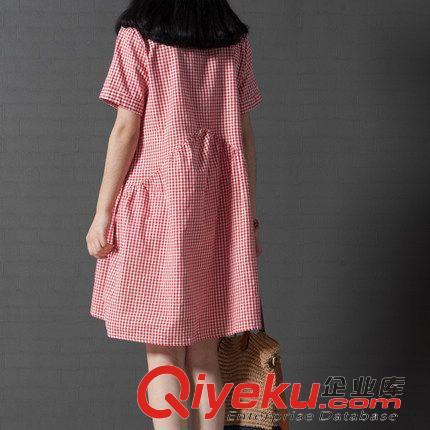 2015新款棉麻產(chǎn)品 夏裝新款孕婦裝大碼女裝 韓版文藝范寬松格子短袖棉麻襯衫裙原始圖片2