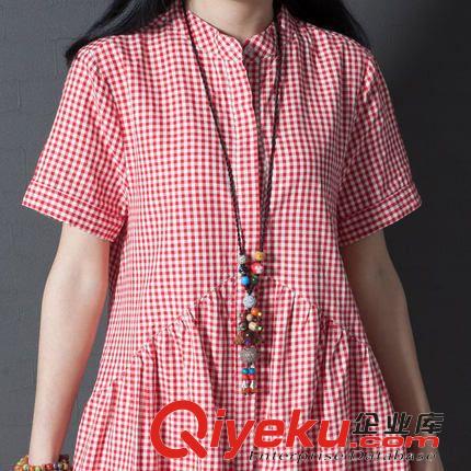 2015新款棉麻產(chǎn)品 夏裝新款孕婦裝大碼女裝 韓版文藝范寬松格子短袖棉麻襯衫裙原始圖片3