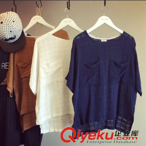 2015新款棉麻產(chǎn)品 韓國東大門代購 夏季新款 文藝棉麻口袋寬松T恤上衣原始圖片2