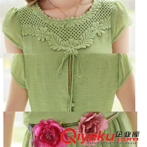 5月新款 2015夏季新品短袖大碼女裝 棉麻蕾絲拼接中長(zhǎng)款甜美大擺裙連衣裙
