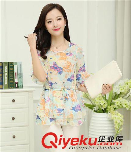 5月新款 2015夏季新款女裝 印花大碼圓領短袖打底衫小碎花雪紡衫女