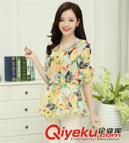 5月新款 2015夏季新款女裝 印花大碼圓領短袖打底衫小碎花雪紡衫女