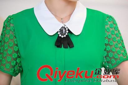 5月新款 2015夏季新款女裝 娃娃領(lǐng)蕾絲短袖珍珠雪紡紗雪紡衫上衣女