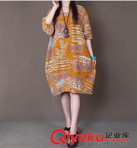 店主推薦 2015春夏女裝 大碼復(fù)古印花寬松亞麻五分袖連衣裙女一件代發(fā)原始圖片2