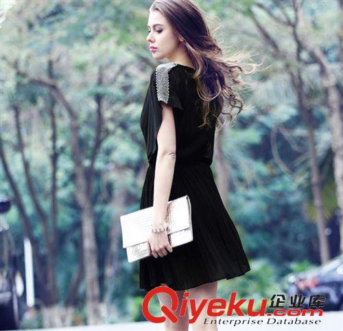 店主推薦 歐洲站2015春夏新款女裝 大碼歐美時尚修身釘珠氣質(zhì)雪紡連衣裙原始圖片2