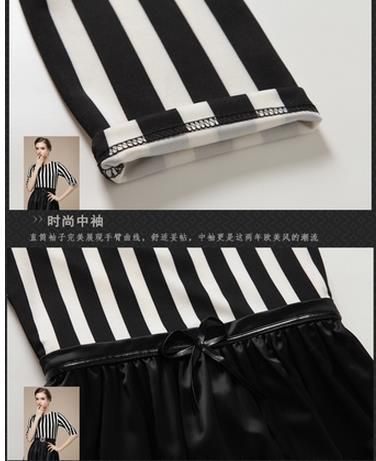 女式連衣裙 2015歐洲站春裝新款OL風(fēng)格條紋修身緞面拼接七分袖連衣裙女裝
