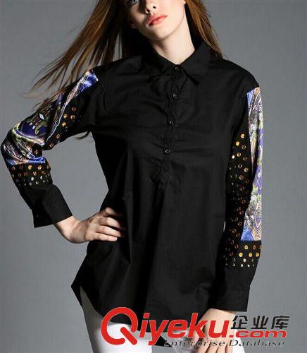 女式襯衣 2015春季新款歐美女裝襯衣寬松大碼顯瘦長袖時尚印花鑲鉆釘珠原始圖片2