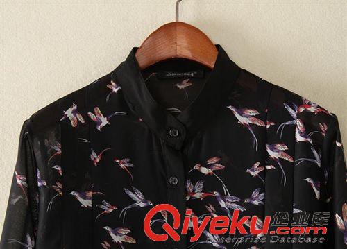 夏季防曬衣 歐美風渲染小鳥印花真絲雪紡寬松立領(lǐng)長款襯衫連衣裙防曬衣原始圖片3