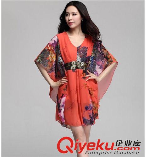 媽媽裝 2015夏季女裝新款 亮片拼接 寬松大碼高腰V領 雪紡連衣裙原始圖片2