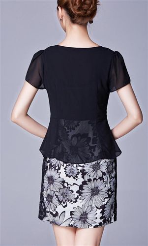 媽媽裝 2015夏季新款女裝 修身顯瘦短袖假兩件綢緞真絲拼接連衣裙原始圖片3