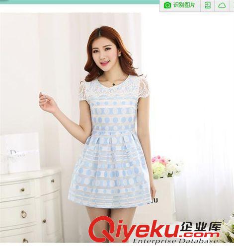 2015.4月第四周新品 廠(chǎng)家大促 2015夏新款蕾絲拼接圓點(diǎn)印花修身百搭短袖連衣裙子原始圖片3